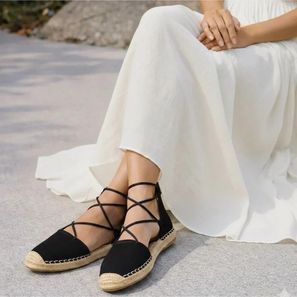 Eileen Fisher Sandal Elastic Lace Up Espadrille Women Shoe Black Leather Sz 6